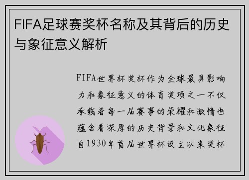 FIFA足球赛奖杯名称及其背后的历史与象征意义解析